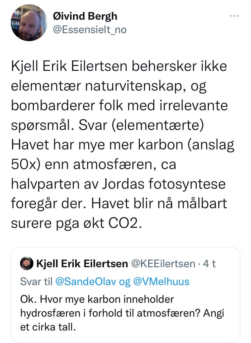 Havforsker Øivind Bergh som har blokkert meg, holder hus. Det ser ut som  Bergh ikke vet forskjell på syrer og baser. Trenger man ikke elementær  kjemi for å bli havforsker? Havets pH, image size:880x1200