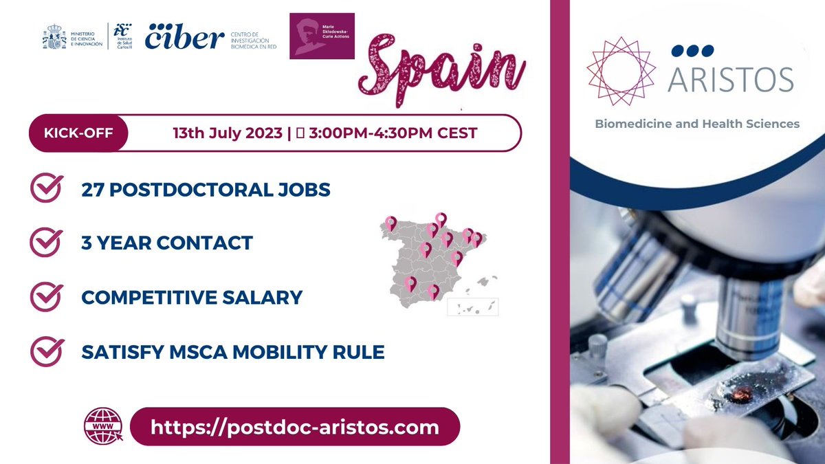 🔬 Are you a postdoctoral researcher looking for an exceptional opportunity in #Biomedicine and #Health Sciences? Check out #ARISTOS by CIBER in Spain, offering 27 #postdocjobs positions for 3 years each! Learn & apply 👉 postdoc-aristos.com/HowtoApply @CIBER_ISCIII @postdoc_es