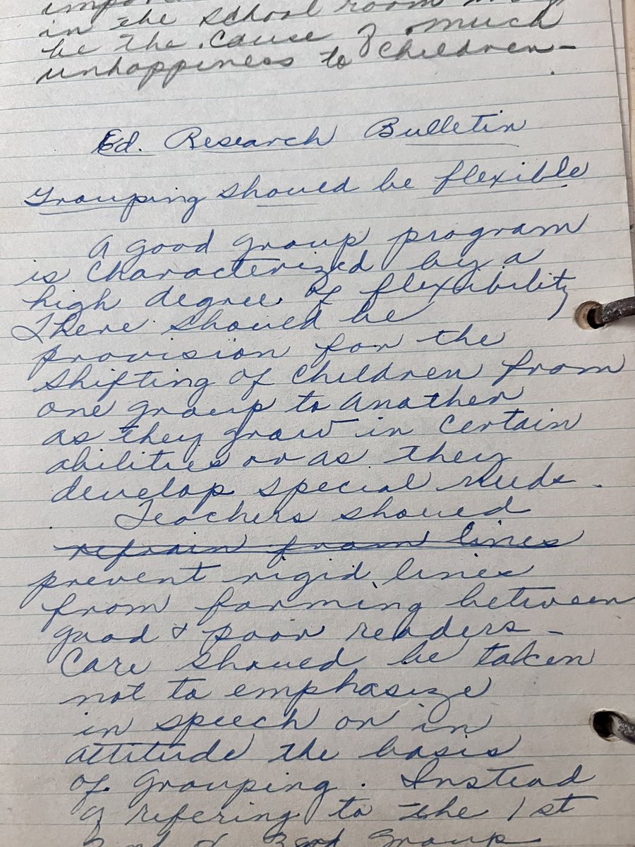 I recently found a lot of my grandmother’s work. Her notes from a recert class at Longwood-2 points to ponder:  If I could not read cursive, I wouldn’t be able to decipher her notes. Secondly, not much has changed in reading research concerning flexible grouping since 1952.