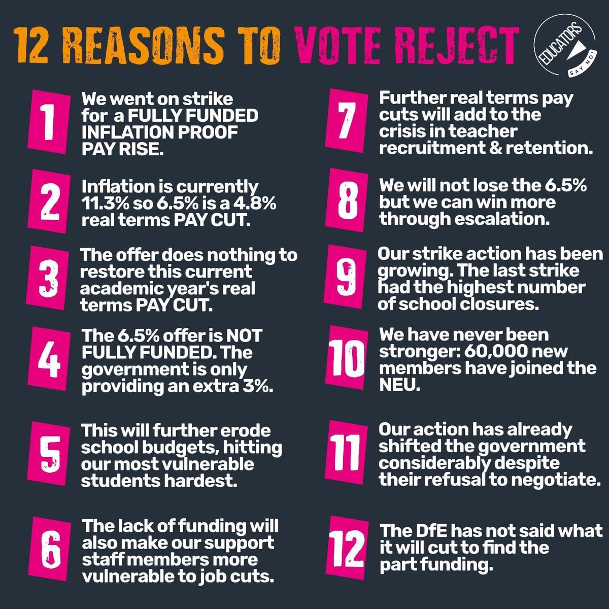 soycomrade's tweet photo. @NEUnion It’s not funded properly. Heads are already announcing cuts based on what’s been offered. VOTE REJECT #VoteReject https://t.co/VWlDx9SHyx