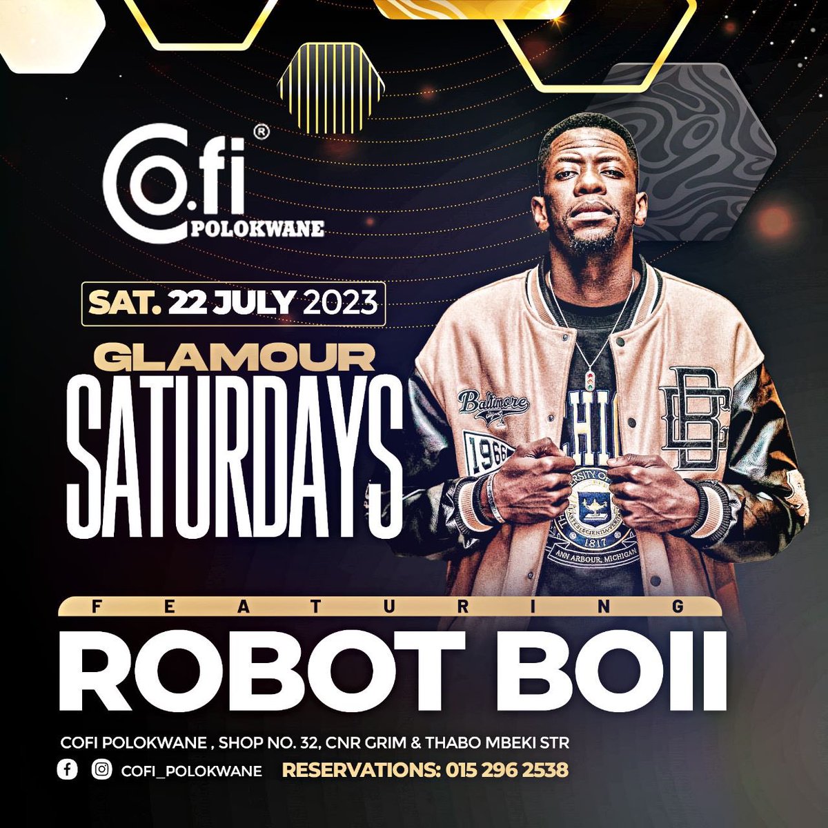 GLAMOUR  SATURDAY 🚀

Pull up for #glamoursaturday tonight
 FT Robot Boii🔥🚀
.
.
Table reservations: 015 296 2538
.
.
#cofi #polokwane #eatchillate #thisisliving #cofilifestyle #glamoursaturday