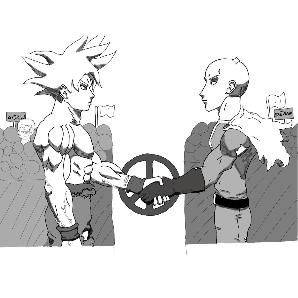Giger_Twitteur's tweet photo. Faisons la paix pour ce combat ci et laissons nos gamineries derrière nous.

(Fan art, San Goku et Saitama font la paix).

#viral #DragonBall #sangoku #OnePunchMan #Saitama #fanart #dessin #paix #Peace #Zoro #ONEPIECE  #fight #gokuvssaitama #end https://t.co/lhhI8chqlb