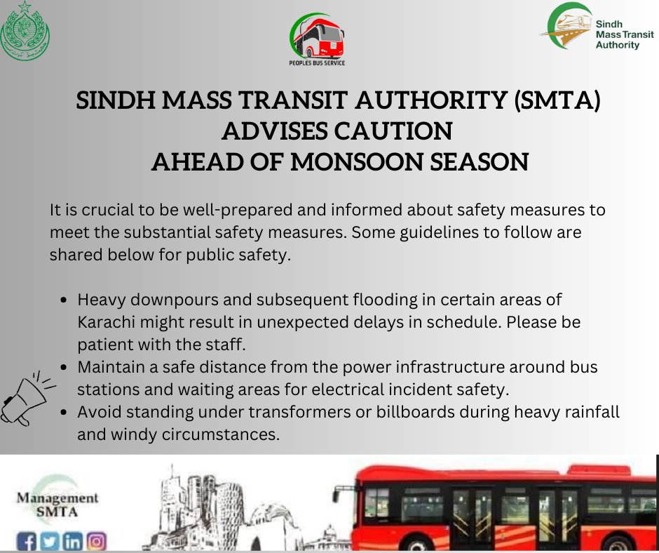 ShabraniSaeed's tweet photo. On behalf of Sindh Mass Transit Authority (SMTA) Advise of Caution Ahead of Monsoon Season
 precautionary measures to avoid any safety hazards. 
@BBhuttoZardari @AseefaBZ @sharjeelinam @MuradAliShahPPP @rawalsharjeel @MediaCellPPP 
#SMTA #publicawarenes #safety #masstransit… https://t.co/CZw3pmgFAX