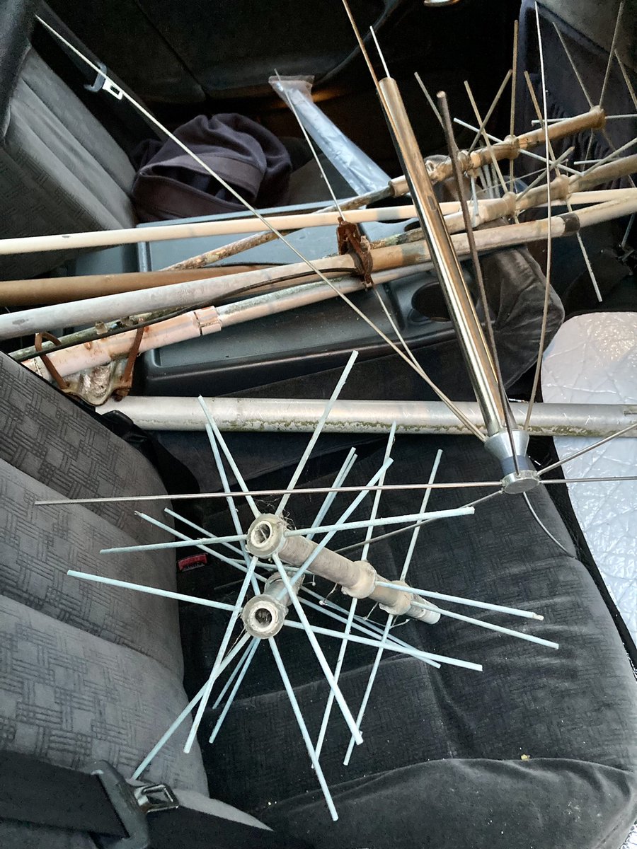 Vkthreepi's tweet photo. We’re back. Bathroom renovations finished now back to #radio stuff. This may look like #antenna junk but it’s not. My next #project Just sourced a pre-loved HQ-1 Hybrid Quad antenna in excellent condition. Plus a #rotator #discone & VHF/UHF #vertical Now to empty the car! #hamr https://t.co/rHksWET78W