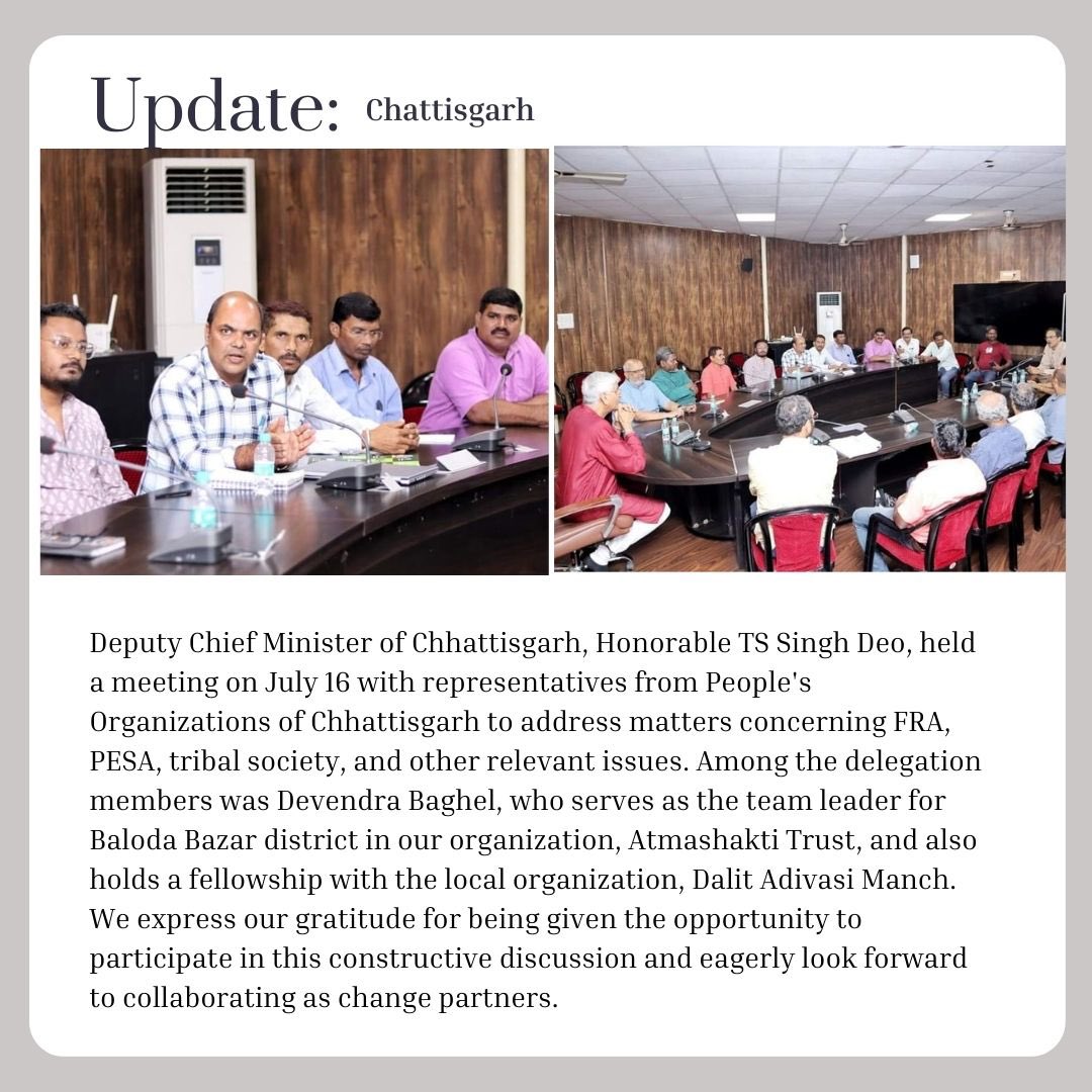 Deputy Chief Minister of Chhattisgarh, Honorable TS Singh Deo, held a meeting on July 16 with representatives from People's Organizations of Chhattisgarh to address matters concerning FRA, PESA, tribal society, and other relevant issues. #Chattisgarh #PESA #tribalrights