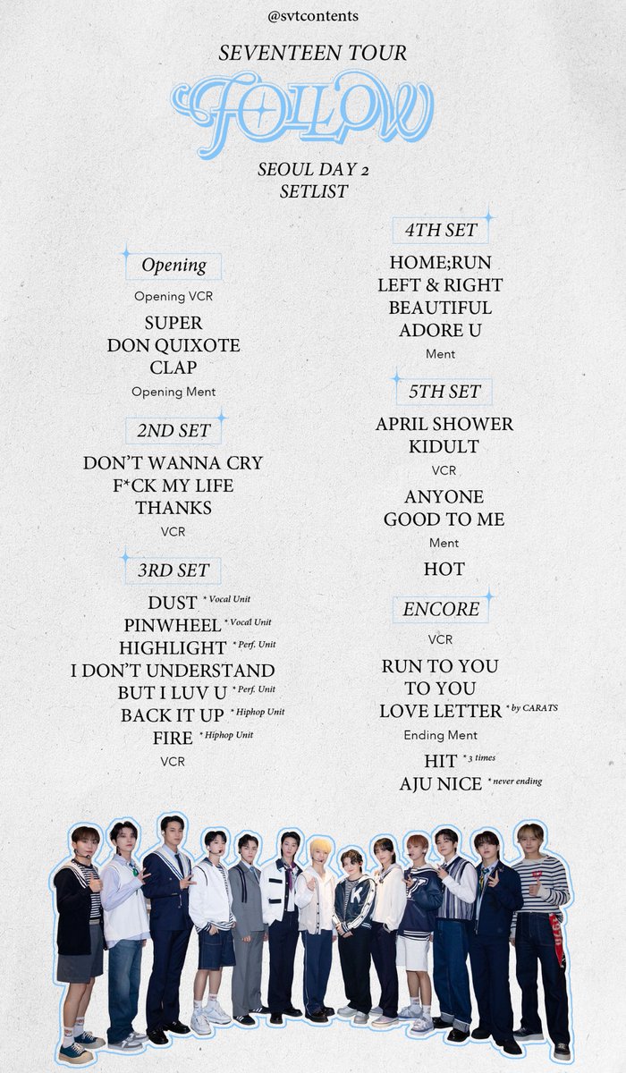 svtcontents's tweet photo. [#TOUR] 230722 SEVENTEEN TOUR 'FOLLOW' TO SEOUL DAY 2 Setlist 🧡

⏰ Estimated Duration: 3 HRS, 34 MINS (6:10 PM - 9:44 PM KST) https://t.co/2C2F6ihhpH