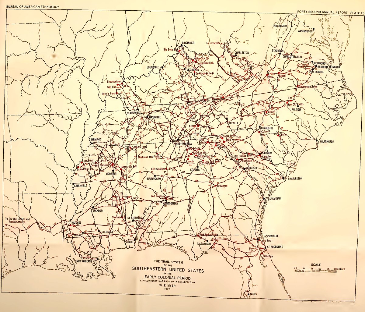 1923 map of "old Indian Trails" that were known in the southeast (published in an Annual Smithsonian report). Early "explorers" followed these trails. Nearly all of the extensive trail system that led from town-to-town became the road system we know today.