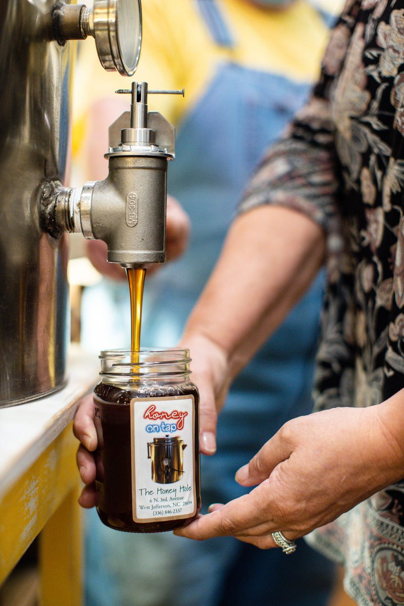 Honey on tap 🍯 🐝 at The Honey Hole in West Jefferson, NC. bit.ly/3pXGRok 

#shoplocal #localshops #westjefferson #bees #honey #freshhoney #honeyontap #revivalcreatives