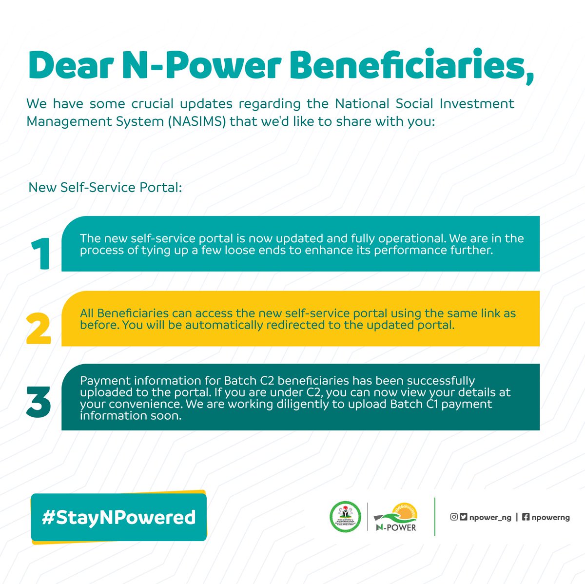 N-Power Beneficiaries!

Kindly take note…

#Npower #StayNpowered