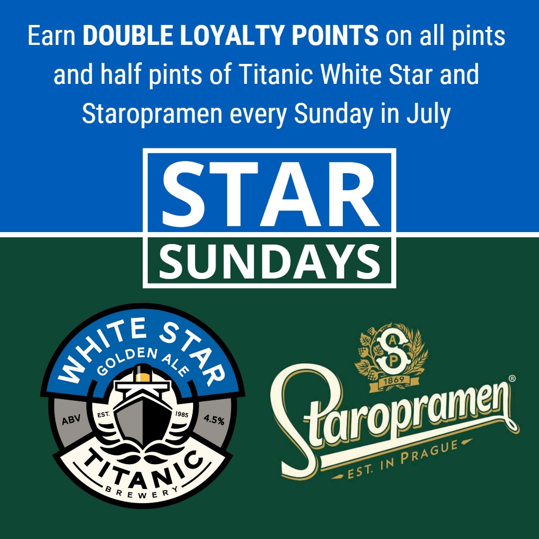 TitanicBrewers's tweet photo. Star Sundays
Earn double points on all pints and half pints of White Star and Staropramen every Sunday throughout July!
This offer is only available in Titanic pubs and is subject to availability!
#starsunday #titanicbrewery #staropramen https://t.co/rZgKW374HJ