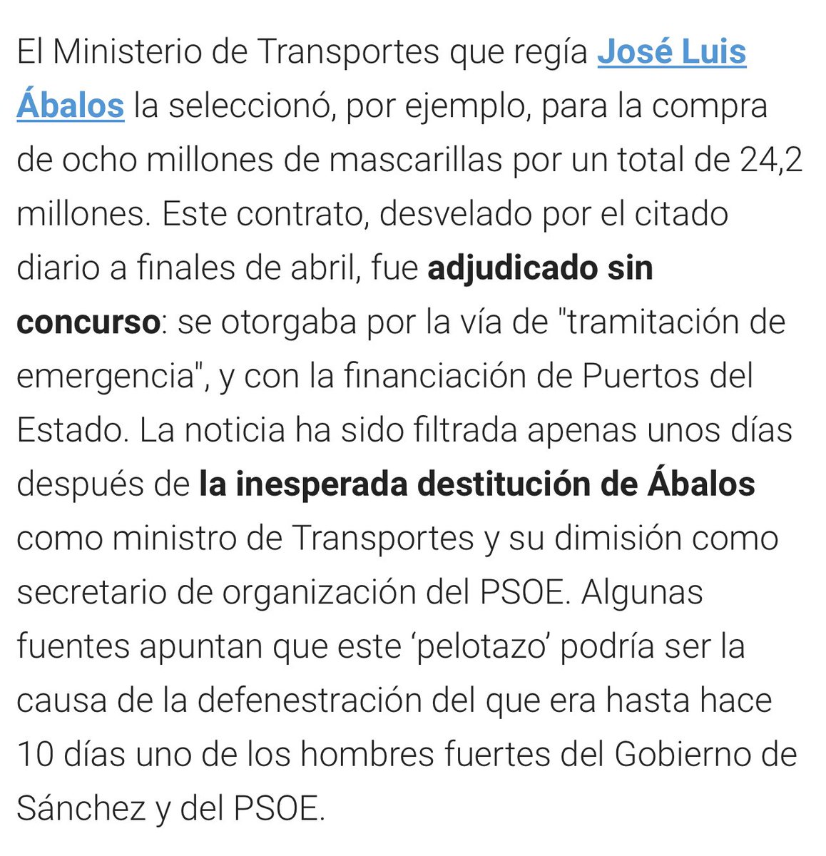 FroilLannister's tweet photo. Ha salido esta entrevista del mediador de Tito Berni. Y comenta el tema de las mascarillas de Ábalos y fíjate que me he acordado de las sospechosas compras de mascarillas del Ministerio de Ábalos y cómo le gestionó esa compra a otros Ministerios, haciendo que una empresa de Zaragoza pasase de facturar 0€ en 2019 a 53 M al año siguiente gracias a contratos a dedo de Ábalos.

Después lo juntas con la manera tan abrupta con la que Sánchez se deshizo de Ábalos y da que pensar ¿no?

Por cierto, Ábalos va como n2 por Valencia al Congreso.