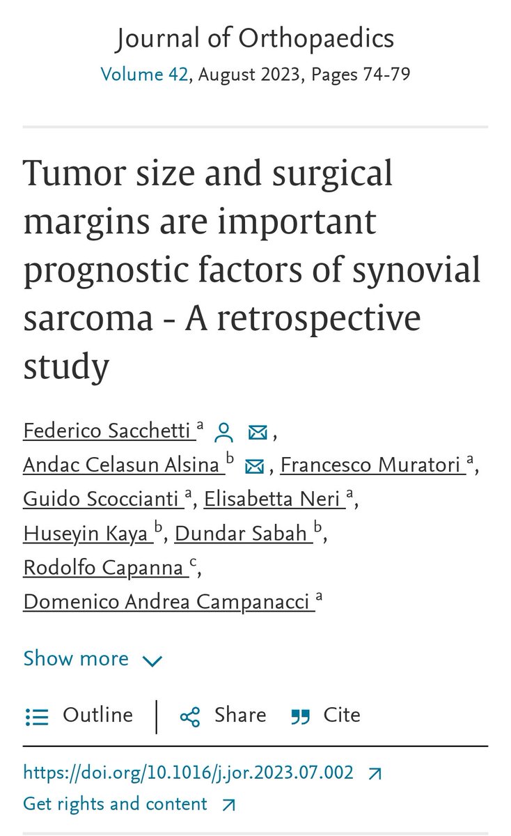 fedesacchetti89's tweet image. This is for Doctors, surgeons and researchers.
If you're interested please have a look at our last published report.

Tumour size and quality of surgery are important prognostic factors in synovial sarcomas of extremities and trunk.

authors.elsevier.com/a/1hSO0,M7tgBM…