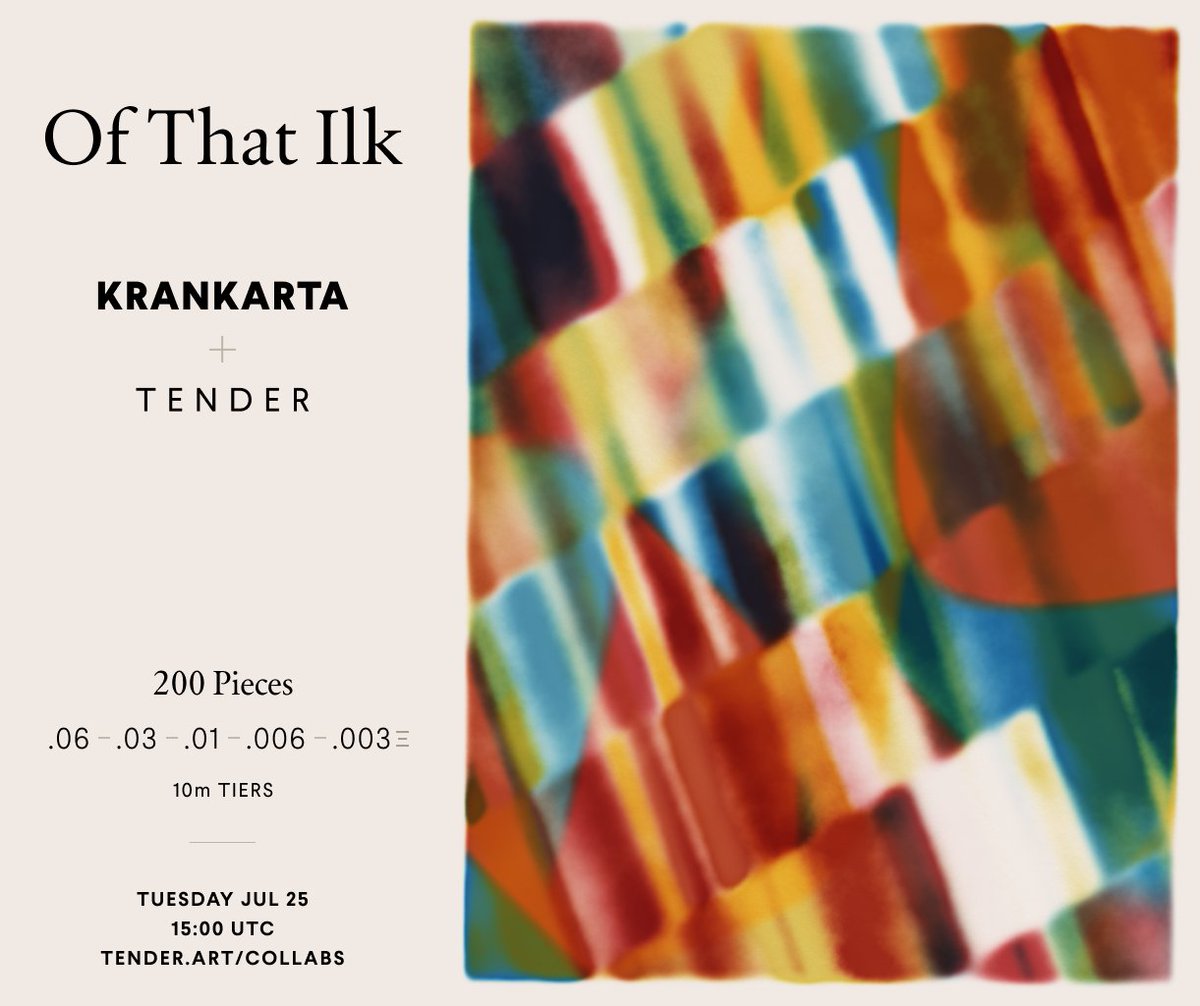 'Of That Ilk' by @krankarta will release this Tuesday @ 15:00 UTC on Tender! This on-chain generative series of 200 works is an exploration of all the attributes we have that DNA sequencing *can't* define : ) Tiered DA from .06 - .003 eth... Link and more outputs below 👇