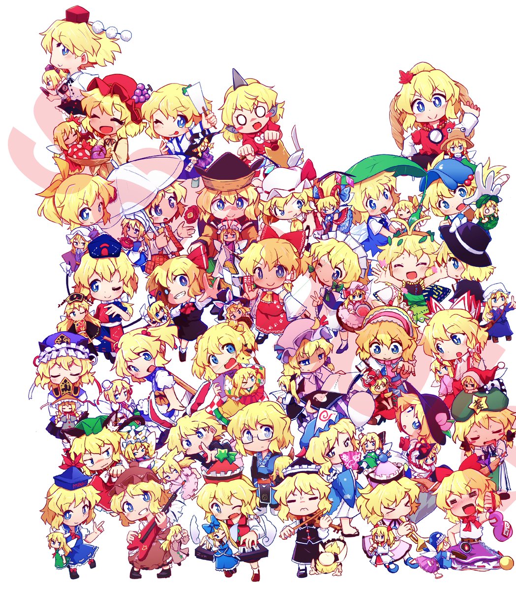 aki minoriko ,aki shizuha ,alice margatroid ,hong meiling ,hourai doll ,izayoi sakuya ,kirisame marisa ,lily white ,lunasa prismriver ,lyrica prismriver ,medicine melancholy ,merlin prismriver ,saigyouji yuyuko ,shanghai doll ,su-san ,yagokoro eirin ,yakumo yukari cosplay hat multiple girls blonde hair leaf on head blue eyes wings  illustration images