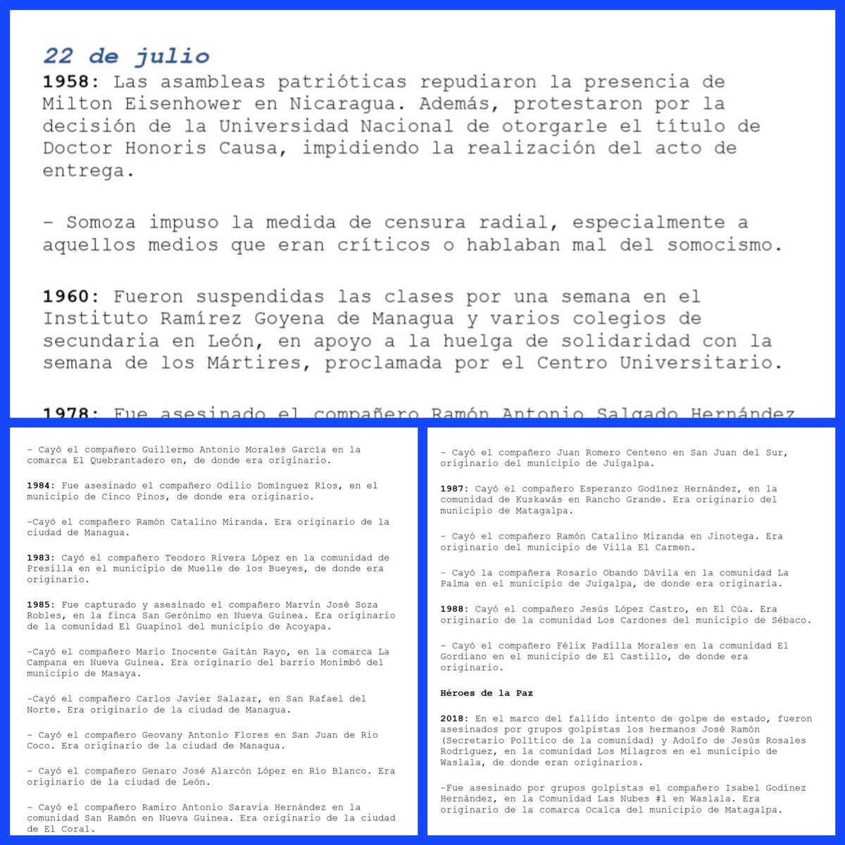 💥Efemérides

👉22 Julio 1958: Las asambleas patrióticas repudiaron la presencia de Milton Eisenhower en #Nicaragua

✅️Honor y Gloria a los caídos en la defensa de la Revolución

#UnidosEnVictorias
<a href="/ElSandi92/">El Sandi92</a> <a href="/Esp_RojNeg/">Esperanza Roja y Negra 🇳🇮 ❤🖤</a> @FITOMarenco