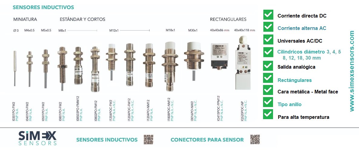 Nuestra gama de sensores inductivos incluye estándar, cortos, alcance ultra aumentado, salida analógica, cara metálica, miniatura, anillo y herradura. Más información info@simexsensors.com