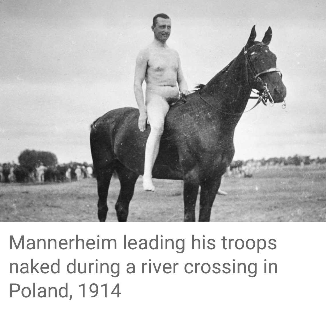 simonmontefiore's tweet photo. Naked Marshal on Horseback. 
Photo of the day. Future Finnish Marshal Mannerheim jauntily leads Russian cavalry against the Germans 1914.  From @thetimes review today. 

I too recommend this excellent biography MannerheimMarshalofFinland by henrik meinander @HurstPublishers https://t.co/XpMHTdqbAD