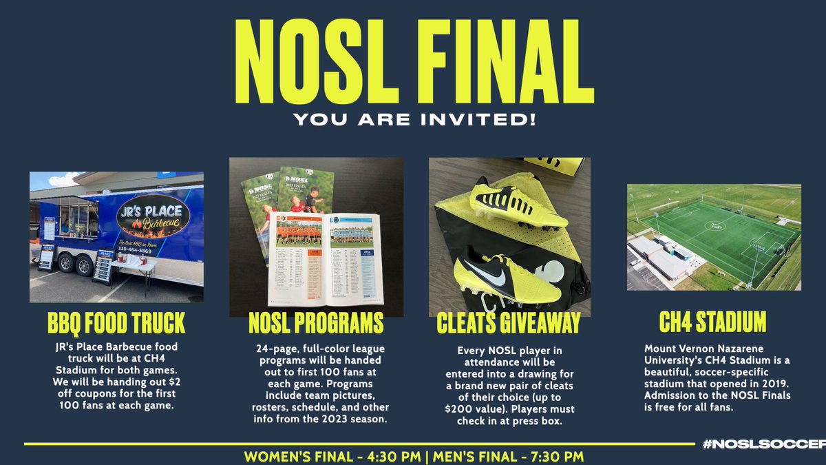 It’s NOSL Final day! Come on out to CH4 Stadium tonight at Mount Vernon  Nazarene University for an evening of fun, food, and good soccer! Bring a friend and join in on the festivities! Admission is free!