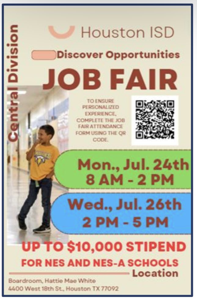 Join us at the job fair, Monday, July 24th. We are an NES Aligned campus, so we are offering stipends! 

We are looking for:

* 2nd grade bilingual teacher 

* Sped resource teacher 

* Learning Coach (60 + hrs of college required) 

* Counselor
