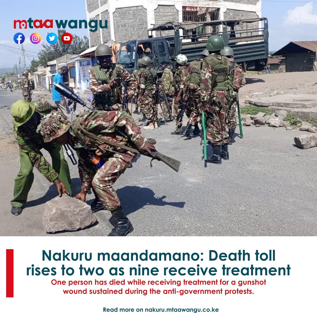 Nakuru maandamano: Death toll rises to two as nine receive treatment.
nakuru.mtaawangu.co.ke/whats-hot/naku…

#Maandamano #MaandamanoWednesdayToFriday #Nakuru #NakuruYetu