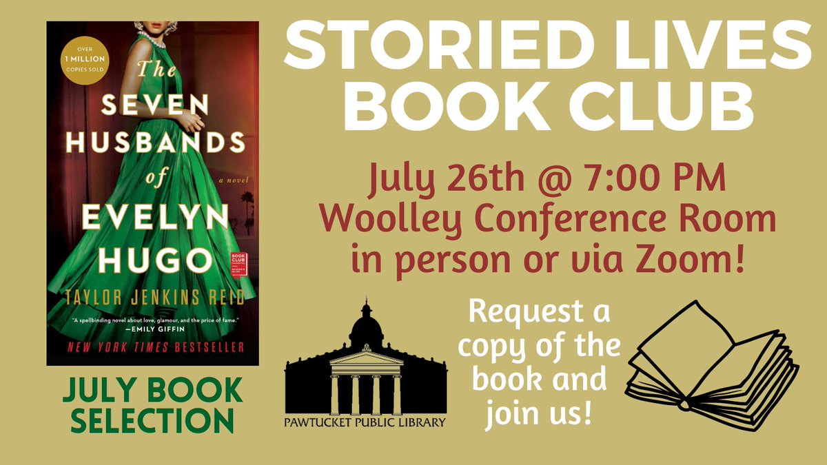 PawtucketPL's tweet image. This month’s novel for the Storied Lives Book Club is “The Seven Husbands of Evelyn Hugo,” by Taylor Jenkins Reid! If you are interested in joining, please contact the library: pawtucketlibrary.org/how_do_i/conta… #pawtucketpubliclibrary #adultprograms #storiedlivesbookclub #monthlybookclub