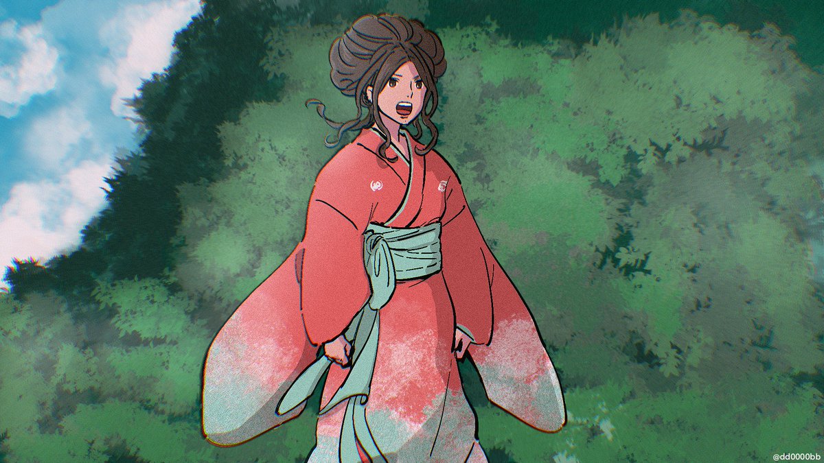 1girl solo japanese clothes kimono open mouth brown hair cloud  illustration images