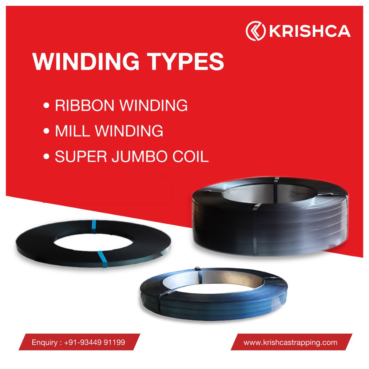 Krishcastrapps's tweet photo. RIBBON WINDING
Most suited for manual packaging.
MILL WINDING
Suited to manual work and semi-automatic packaging operation.
SUPER JUMBO COIL
Mainly used for fully automated applications using strapping heads. https://t.co/6QMxtTTaUE