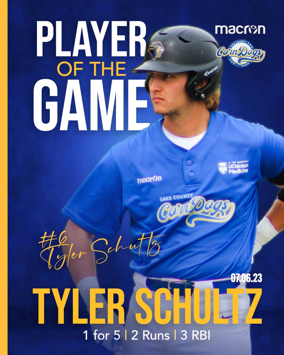 lakecocorndogs's tweet photo. Tyler Schultz is your Macron Player of the Game in yesterday's 13-4 win over the Oil Men!

Way to put some mustard on it Schultz!

#corndogs #tylerschultz https://t.co/MQ59e97uni