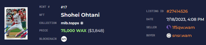 A Shohei Ohtani base card Jersey # sold for $3848. 🔥🔥🔥<a href="/Topps/">Topps</a> management sure made a huge mistake for leaving <a href="/WAX_io/">WAX</a>. Oh well, just more scarcity for true collectors. #NFTs #cardcollector #waxp #angels <a href="/MLB/">MLB</a> <a href="/Angels/">Los Angeles Angels</a>. IMO, looks like a win win deal.
