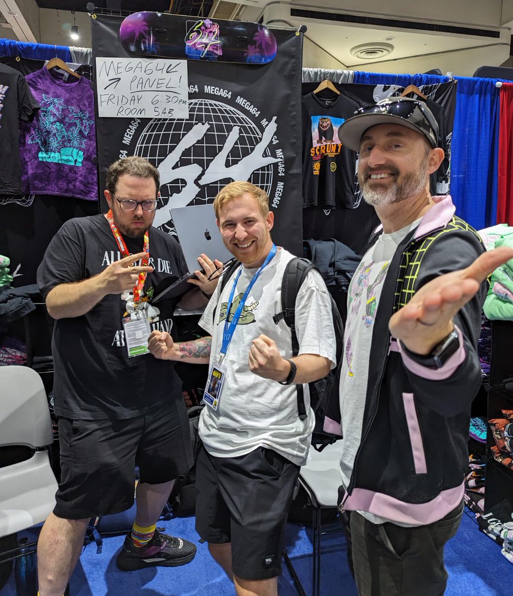 what an honour to get to meet Rocco &amp; Shawn of <a href="/mega64/">Mega64</a> in the flesh after at least 15 years of watching their videos

utterly foundational in making me the internet goblin you see before you today

(also, great skit having the fire alarm go off mid panel and having to evacuate)