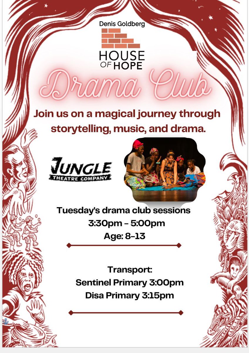 Join us on a magical journey through storytelling, music, and drama.

Tuesday's drama club sessions
3:30pm - 5:00pm
Age: 8-13

Transport:
Sentinel Primary 3:00pm
Disa Primary 3:15pm