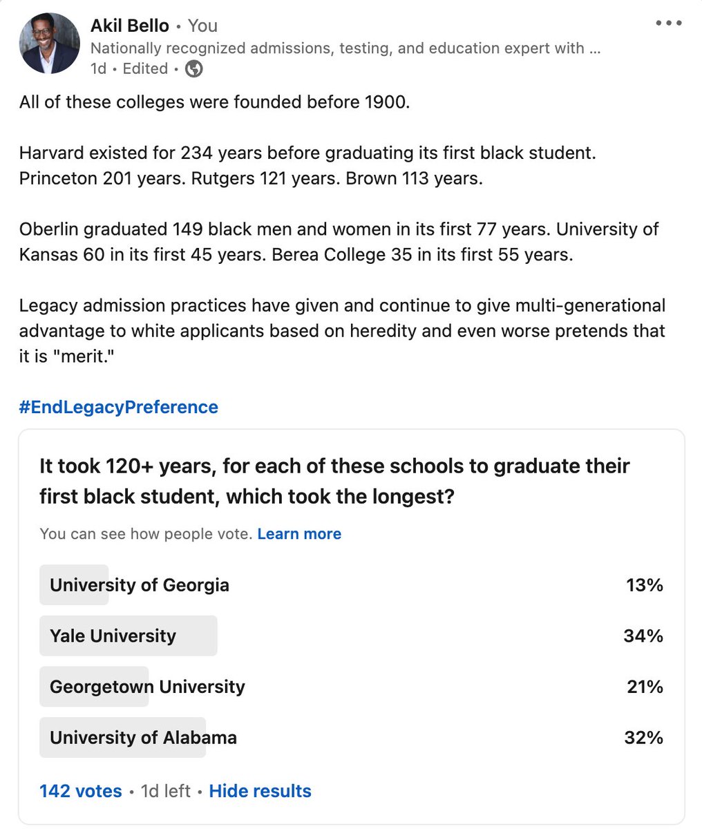 akilbello's tweet photo. Neither LinkedIn nor Twitter recognized how the legacy of racism in the south still carries into today. 

UGA took 178 years before it graduated its first black student. 

Georgetown 164 years
Yale 156 years 
UA 134 years

Go Dawgs! https://t.co/2BuDLiYf57