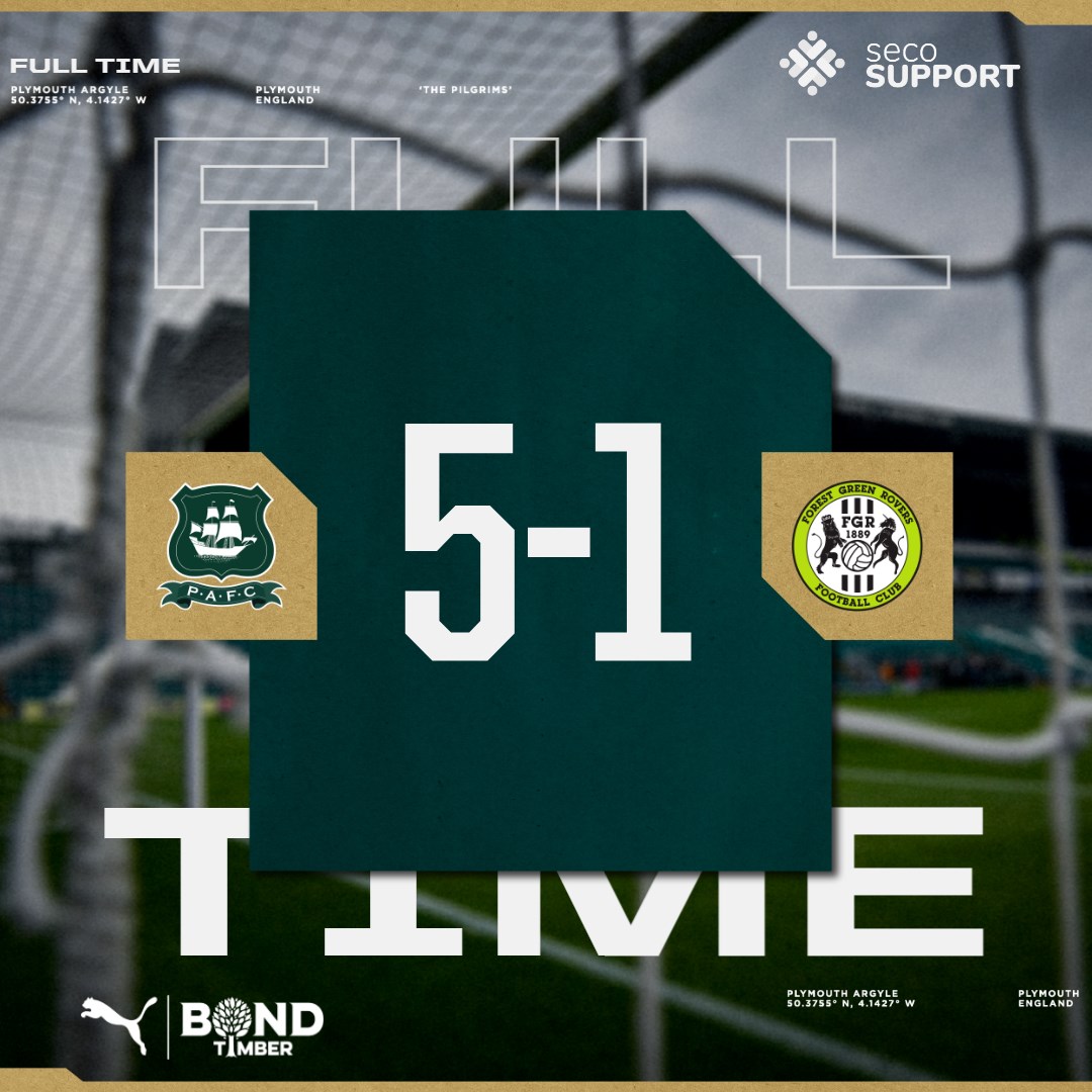 Argyle's tweet photo. Full time at Harper's Park.

A brace from Ryan Hardie and strikes from Bali Mumba, Callum Wright and Morgan Whittaker give Argyle a 5-1 victory over @FGRFC_Official.

#pafc https://t.co/infBEC3e2Y