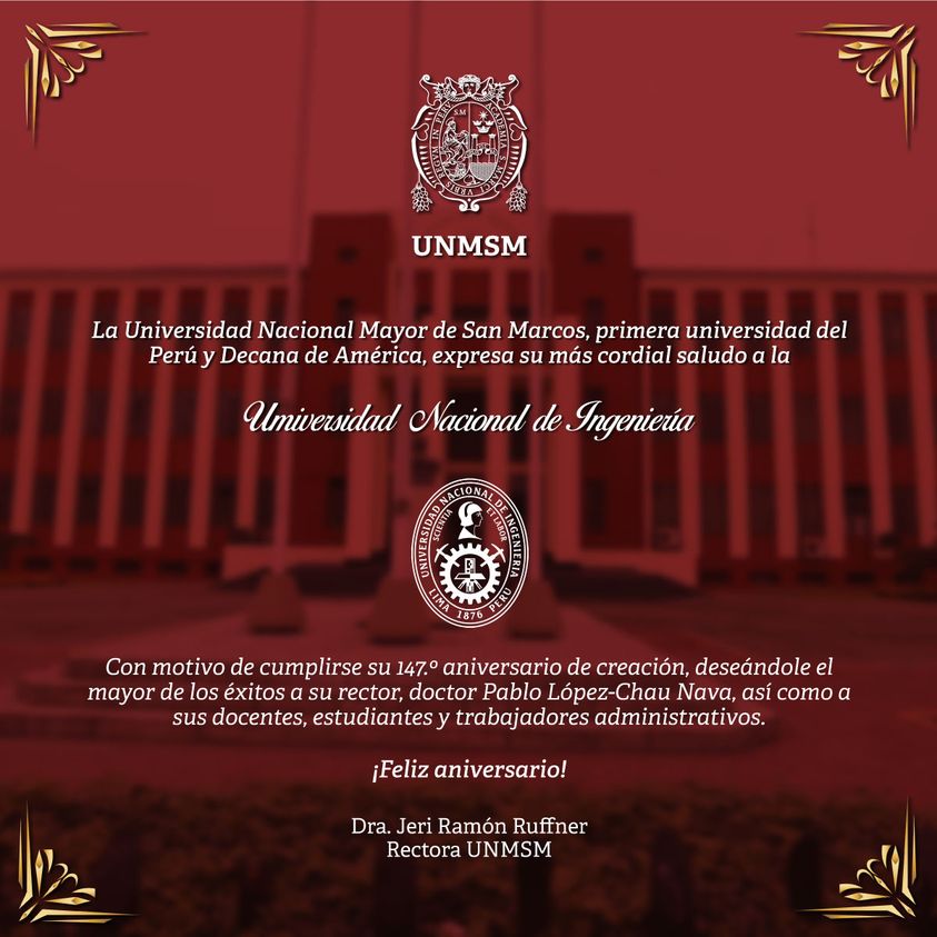 UNI (@unioficial) on Twitter photo #147añosUNI Agradecemos a la Decana de América <a href="/UNMSM_/">Universidad Nacional Mayor de San Marcos</a> por sumarse a los saludos por nuestro 147 aniversario de fundación, deseándole éxitos en su compromiso con la excelencia académica. <a href="/MineduPeru/">Ministerio de Educación</a>
🔹San Marcos primera universidad del Perú #147añosUNI Agradecemos a la Decana de América <a href="/UNMSM_/">Universidad Nacional Mayor de San Marcos</a> por sumarse a los saludos por nuestro 147 aniversario de fundación, deseándole éxitos en su compromiso con la excelencia académica. <a href="/MineduPeru/">Ministerio de Educación</a>
🔹San Marcos primera universidad del Perú