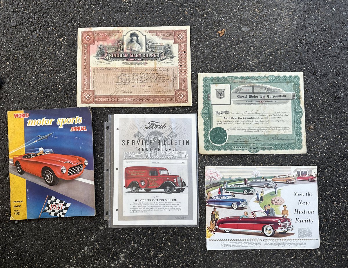 Also found some early American motor advertisements and a 1930s Ford service bulliten that was well preserved alongside and obscure 1916 Drexel Motor stock certificate. 

Tons of stickers and employee tickets to Indy 500 events too. https://t.co/jGeR2g1Y9W