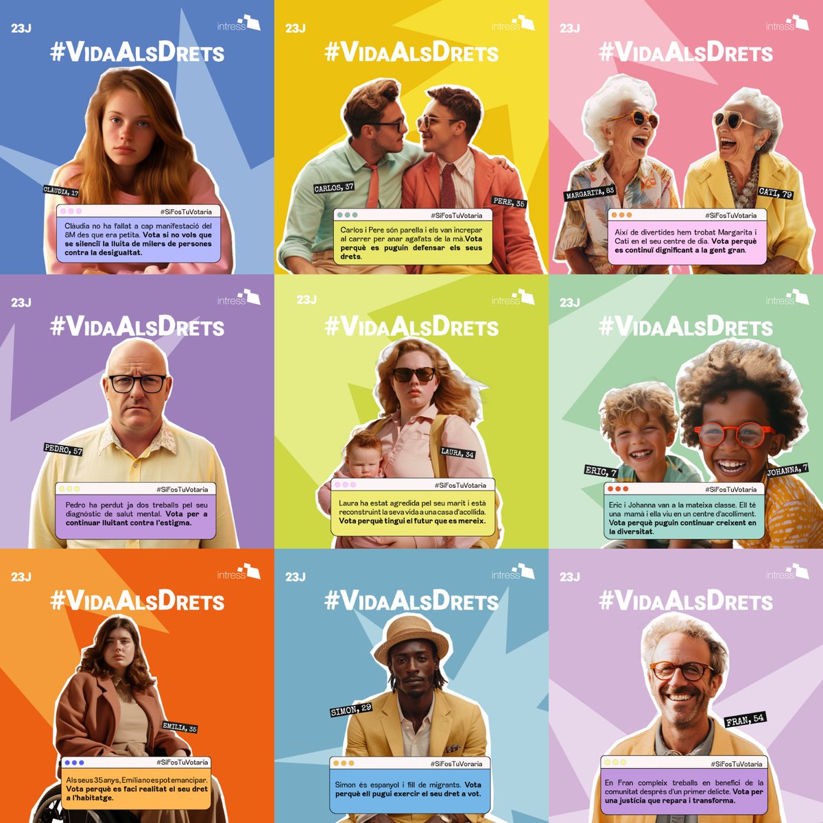 IntressOrg's tweet photo. 9 situacions diferents. 9 drets que estan en risc.😥

És urgent activar-nos.✊

Que s'omplin les urnes massivament en suport dels drets socials en què creiem i que defensem.💪

Donem #VidaAlsDrets.❤️

#SiFosTuVotarIA #23J https://t.co/YtQhbXQOny