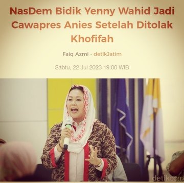 Kalo emang pengen Cawapres perempuan mbok gosah jauh2 takutnya ditolak lg ntar..pilih yg bener2 slama inih udah berkontribusi besar kpada Pak Anis.
Misalnya bu Tatak Ujiyati, Dogter tifa atau dari kalangan muda Maudy Asrama..
Skedar saran 🙏