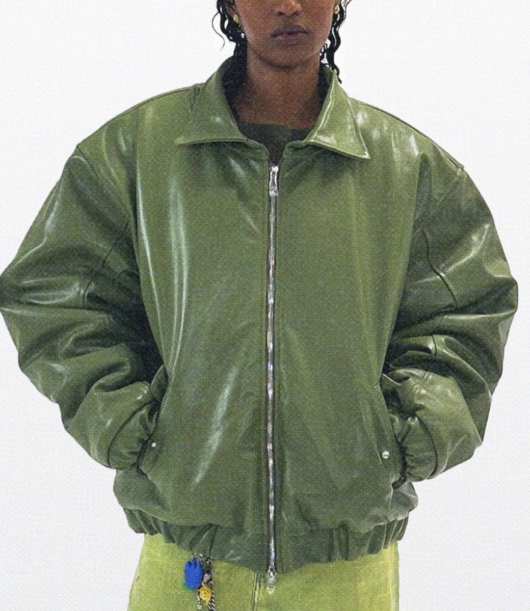 StreetFashion01's tweet image. Green Leather Bomber by Go Home!🖤
