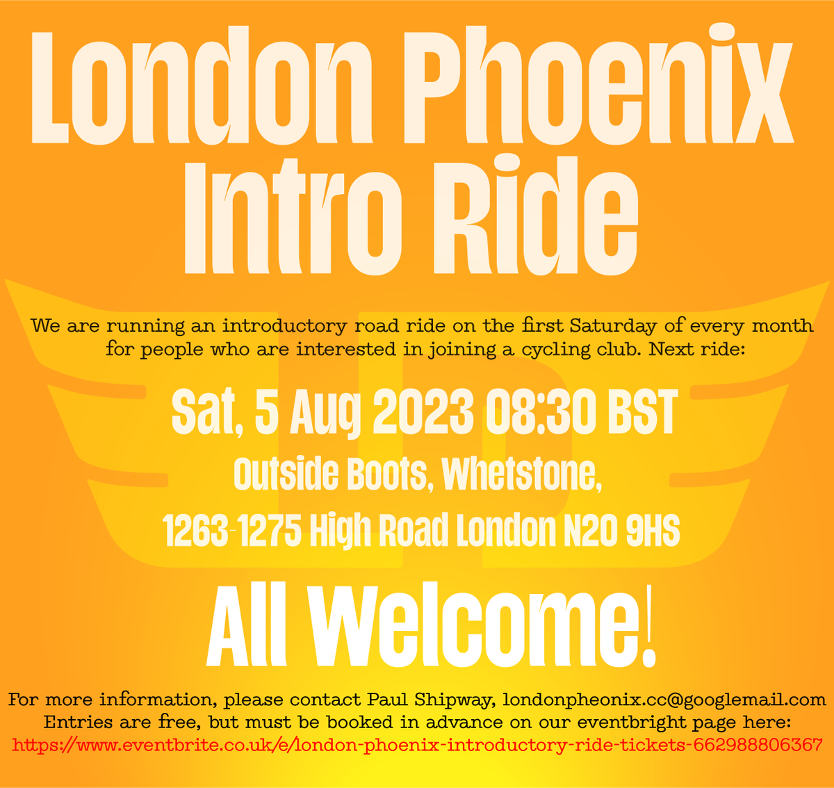 Introductory road ride for people who are interested in joining a cycling club. Next ride: Saturday, 5 Aug 2023 08:30 BST. All welcome! Meet outside Boots, Whetstone, 1263-1275 High Road London N20 9HS For more information, contact Paul Shipway, londonpheonix.cc@googlemail.com