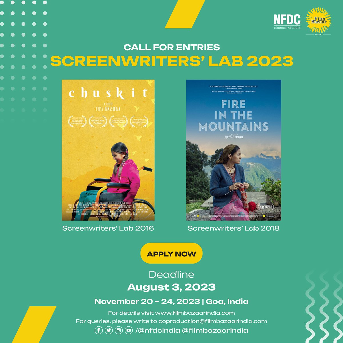 filmbazaarindia's tweet photo. The Entries are open for the Screenwriters' Lab 2023
Deadline: August 3rd, 2023
For more details, visit https://t.co/67ZPNcrusd
#swl2023 #screenwriterslab #filmbazaar #nfdc @nfdcindia https://t.co/XxKGUB1CMm