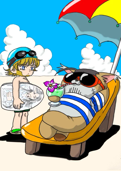 #ゴールデンカムイ版深夜の真剣お絵描き60分一本勝負  【お題】夏の絵、暑中お見舞いなど  今年こそ泳げるようになりたいんじゃなかったっけ?フォゼ尾ちゃん?  5分ちょいオーバー