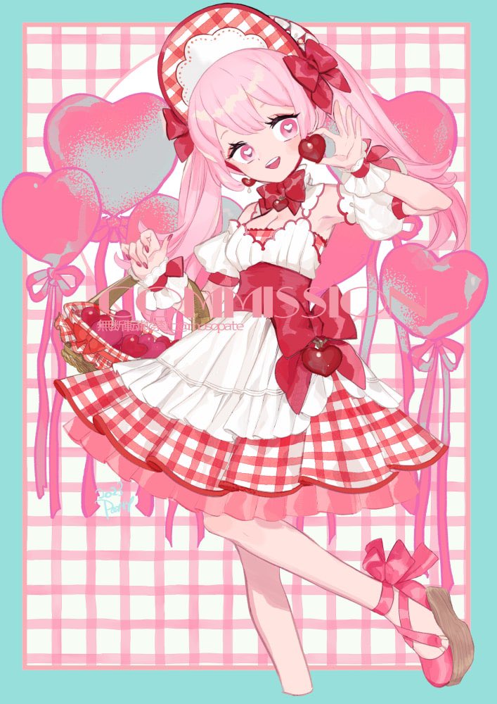 1girl solo food pink hair basket pink eyes dress  illustration images