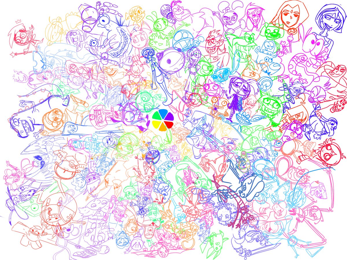 ImCJMF's tweet photo. Sketch is done holy crap that’s a lot of #2000s cartoons 
can you find the mascots of your youth?
#CartoonNetwork #colorwheelchallenge #Nickelodeon #Disney #wbkids https://t.co/UdHXrGtctd