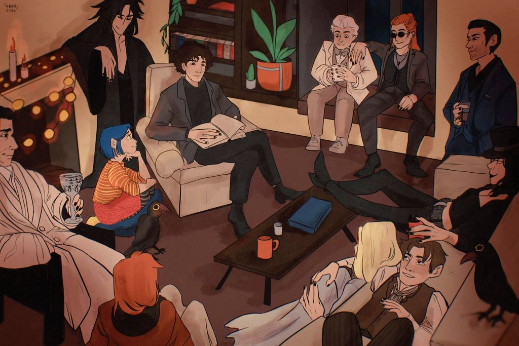 Neil Gaiman surrounded by his creations, art by Kana 💜