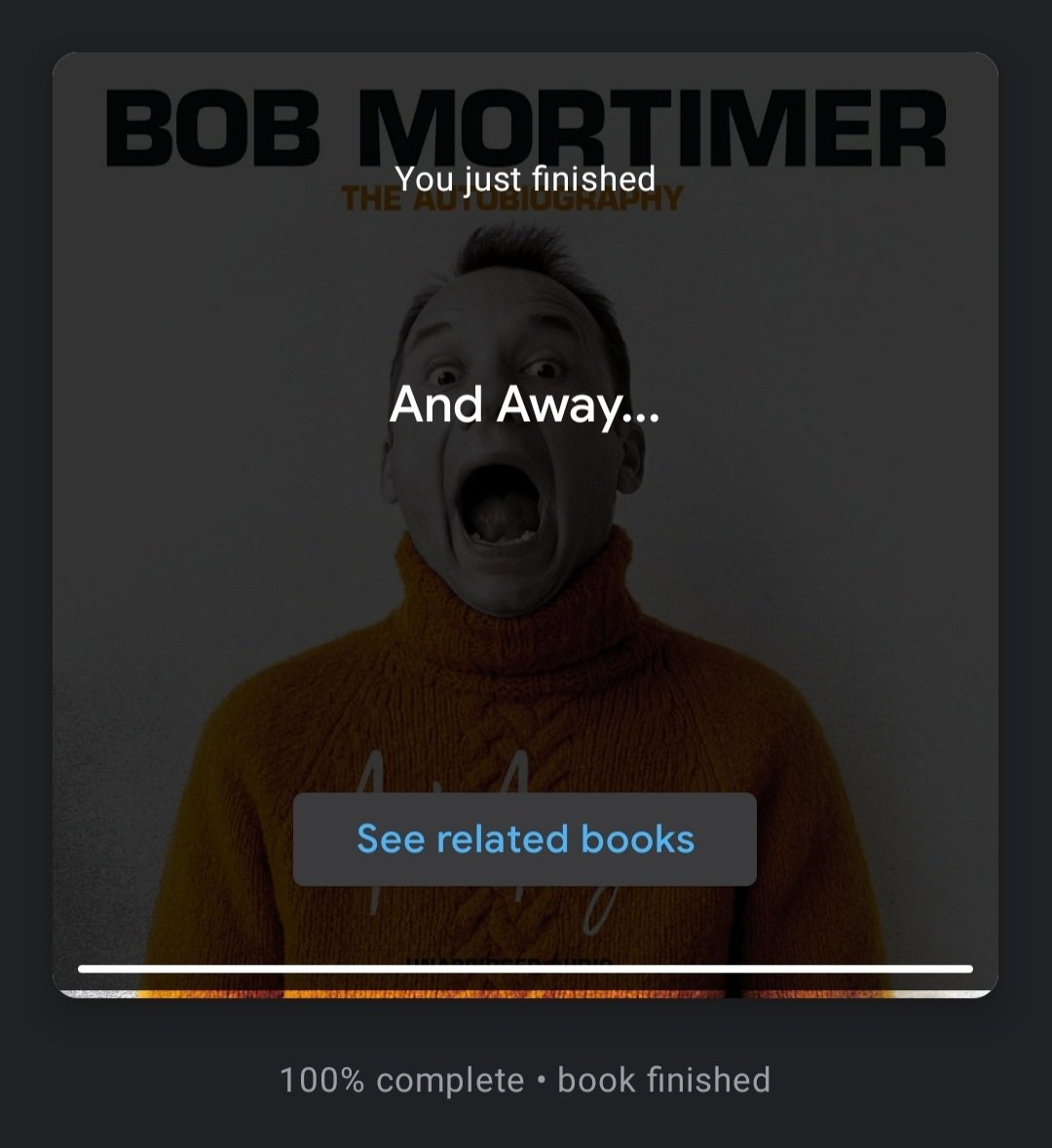 Absolutely loved the audiobook version of <a href="/RealBobMortimer/">bob mortimer</a>'s "And Away..." autobiography. Comes across as a genuinely nice fella. Gutted it's over and my only regret is that there was some more Would I Lie to You gold in there that may now never make the series. Still, brilliant.
