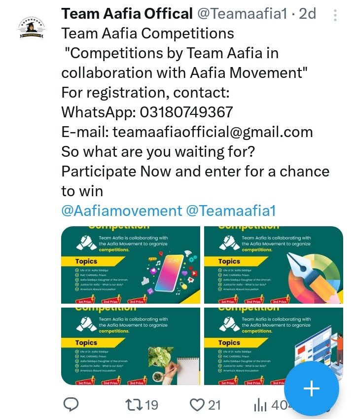 unknown00190150's tweet photo. To participate, simply follow these steps:

1 Choose your preferred competition category.

 2 Create captivating content based on the given topics.

#TeamAafiaCompetitions
Zz https://t.co/Cvv6LrlhLn