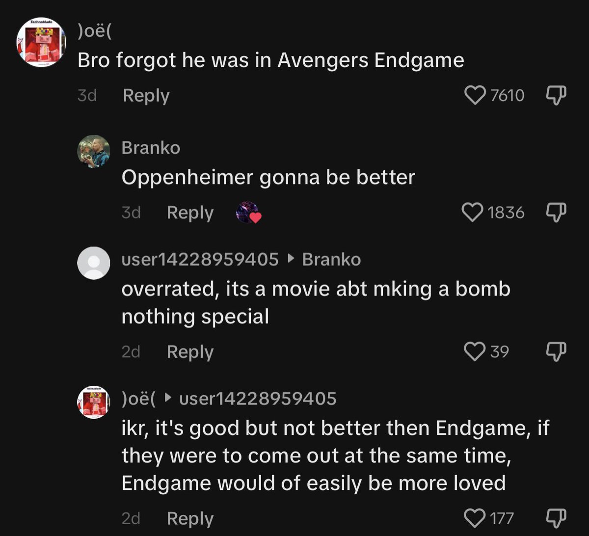 RT @gyllenballz: mcu fans are crazy wym avengers endgame is better than oppenheimer????????? https://t.co/K17LWdvPlR