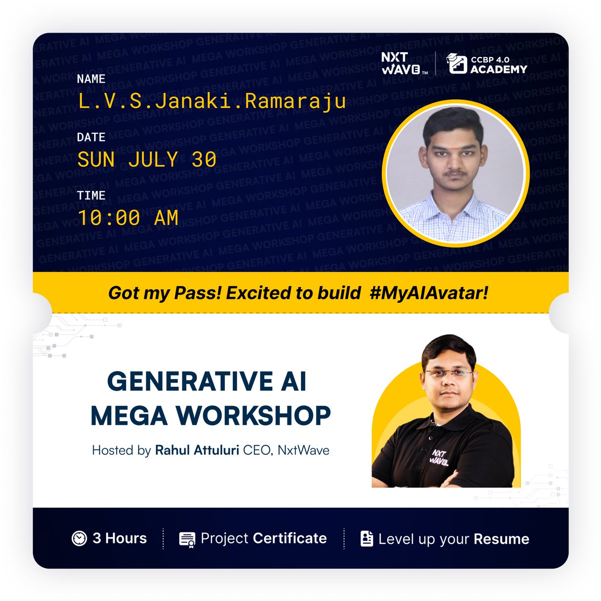 LVSJRamaraju's tweet photo. Hello guys👋, I am officially in the GenAIMegaWorkshop. I am very happy about it, and very much excited waiting for 30th July
@nxtwave_tech 
@rahulattuluri https://t.co/sdW9FPbauf