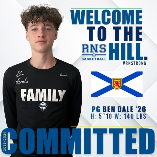RNS_Hoops's tweet photo. OFFICIAL WELCOME to 2026 PG Ben Dale from Middle Sackville, NS. Ben’s great shooting &amp; crafty guard skills will help us at multiple positions. His work ethic and character make him a great addition to the program, and the school. Welcome to The Hill, Ben! #RNStrong https://t.co/k03fpjzBRc
