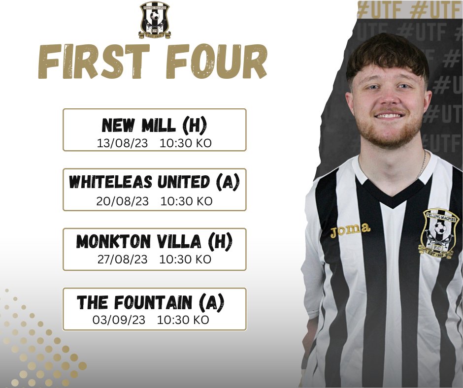 ⚽️ OUR FIRST FOUR GAMES

We have found out our first four games of the season with our first fixture is at home.

Support the lads on opening day at Wardley

#UTF #UpTheFelling #FirstFour

⚫️⚪️